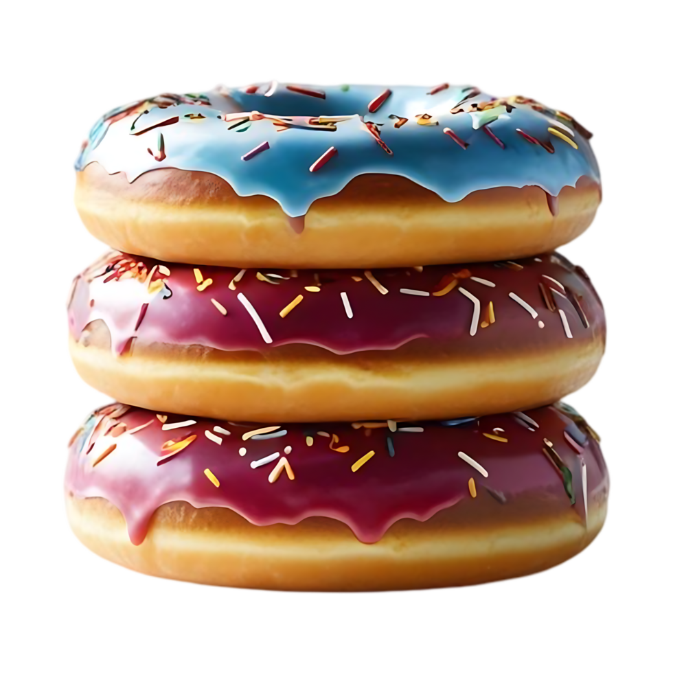 Stack of Three Donuts with Blue and Red Icing and Sprinkles png
