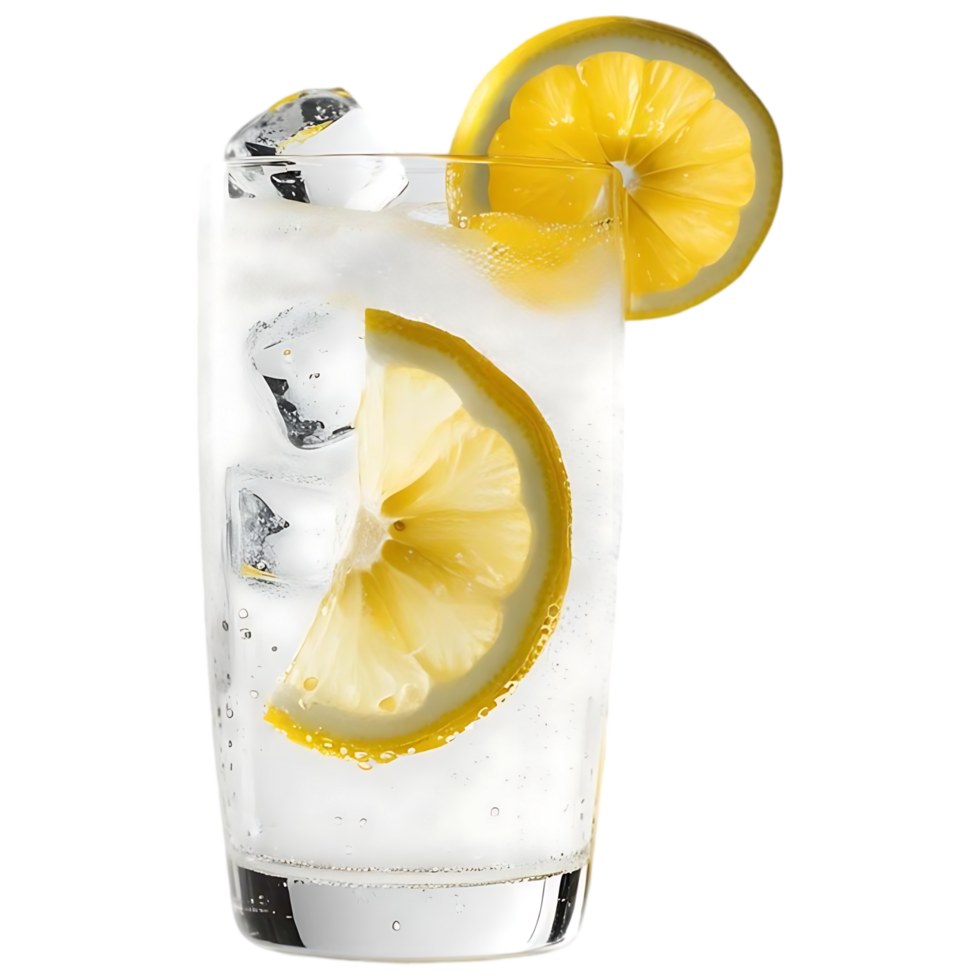Sparkling Water with Ice and Lemon Slices in Glass png