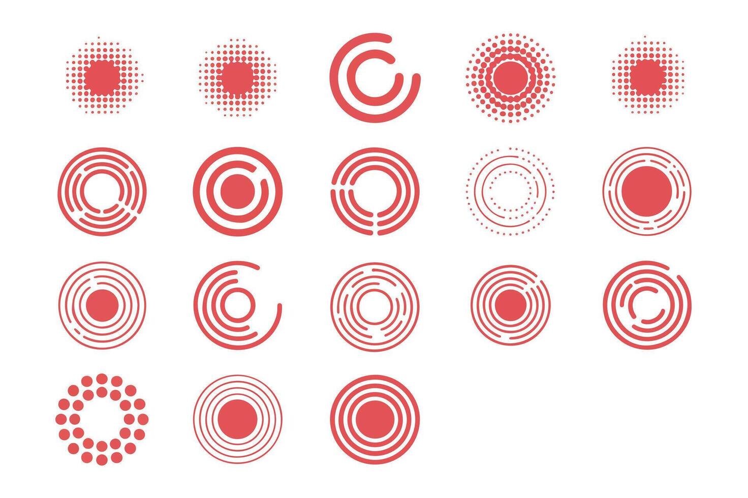 Set of red circular geometric design elements with various textures and styles vector