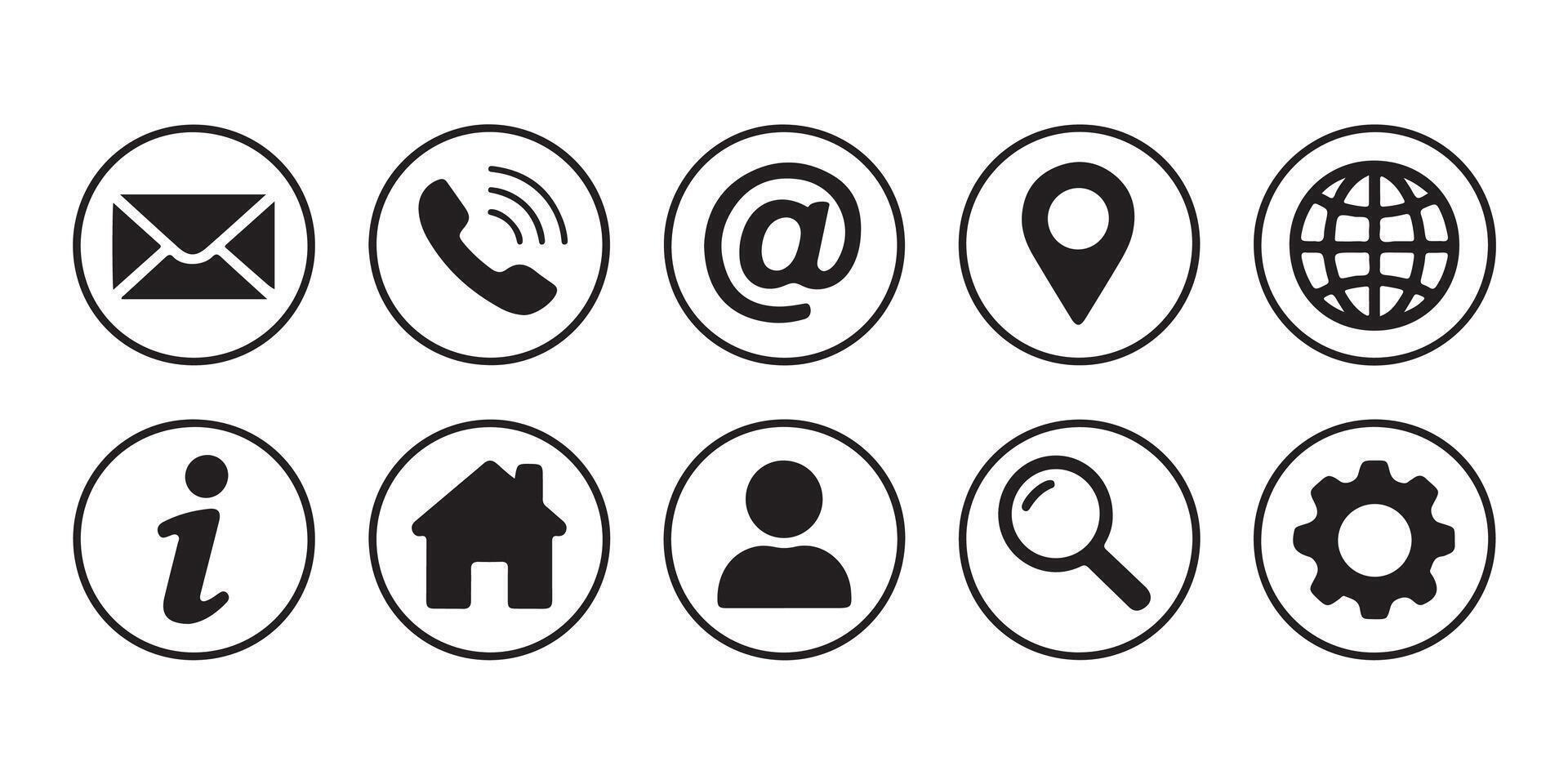 Ten Black and White Circular Contact Icons Set vector