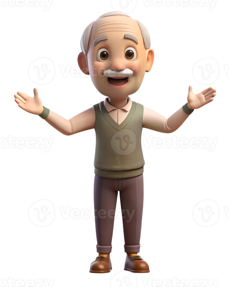 A 3D animated grandfather with a warm smile, holding out his arms for a hug. isolated on a transparent background png