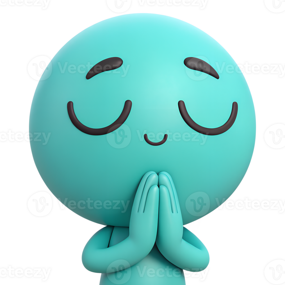 3D A soft teal emoticon with its hands pressed together in front of its chest in a prayer-like gesture, eyes closed in a peaceful expression of gratitude png