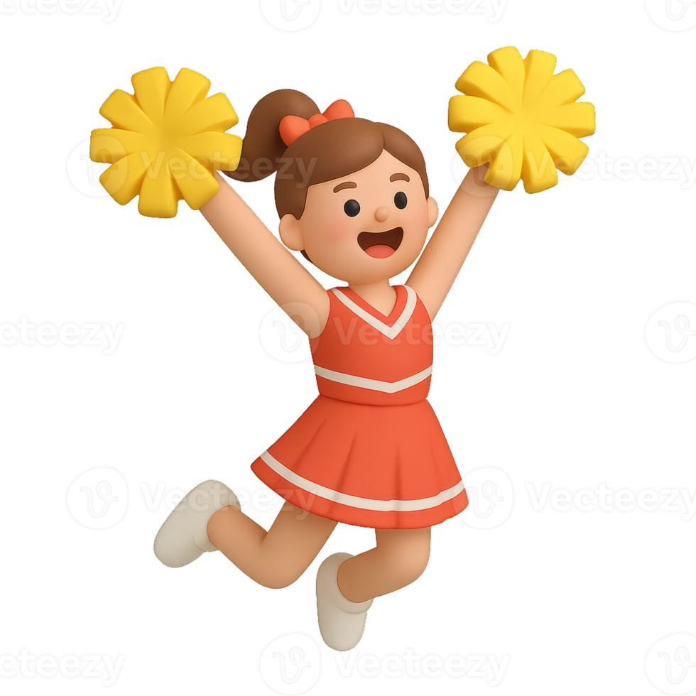 A 3D animated cheerleader mid-jump, waving pom-poms with a wide grin png