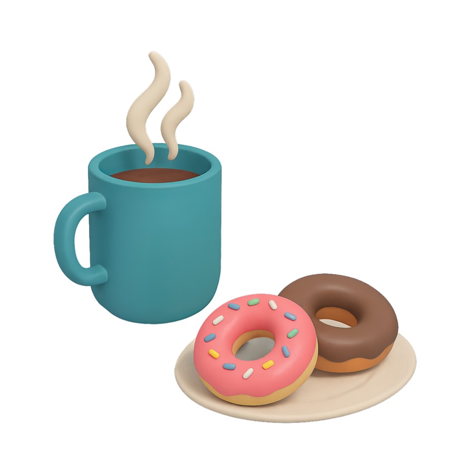 3D isometric coffee break with a steaming mug and donuts png