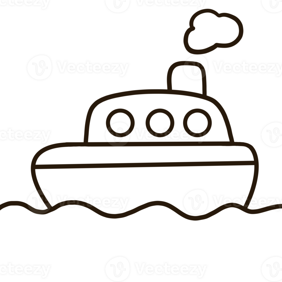 Cartoon line drawing of a boat on water on transparent background. png