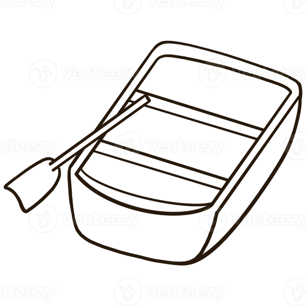 Cartoon outline of wooden boat and paddle on transparent background. png
