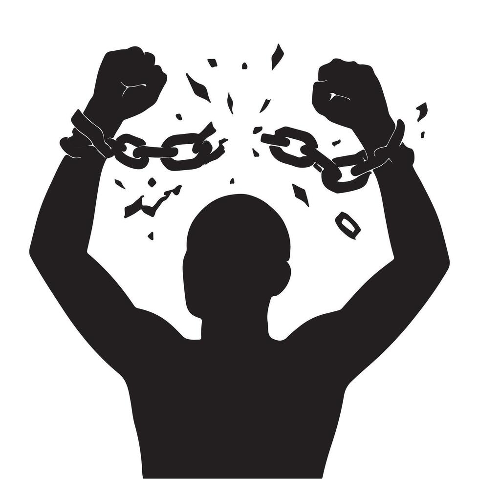 A silhouette of a man with chains around his hands vector