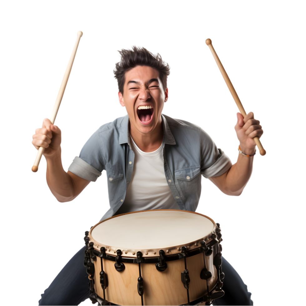 Energetic man playing air drums in a studio setting capturing passion and joy music enthusiasm dynamic scene png