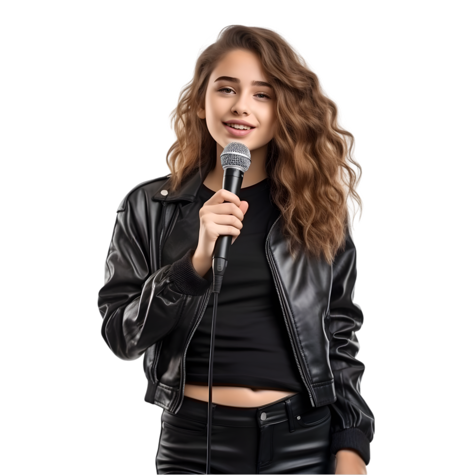 Teenage girl singing with microphone indoor stage photography energetic atmosphere close-up view musical performance png