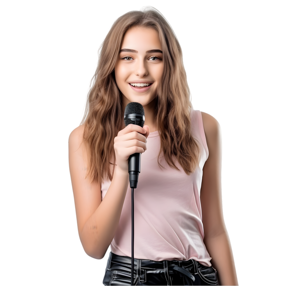 Teenage girl singing passionately with a microphone indoor studio setting realistic portrait inspiring talent showcase png