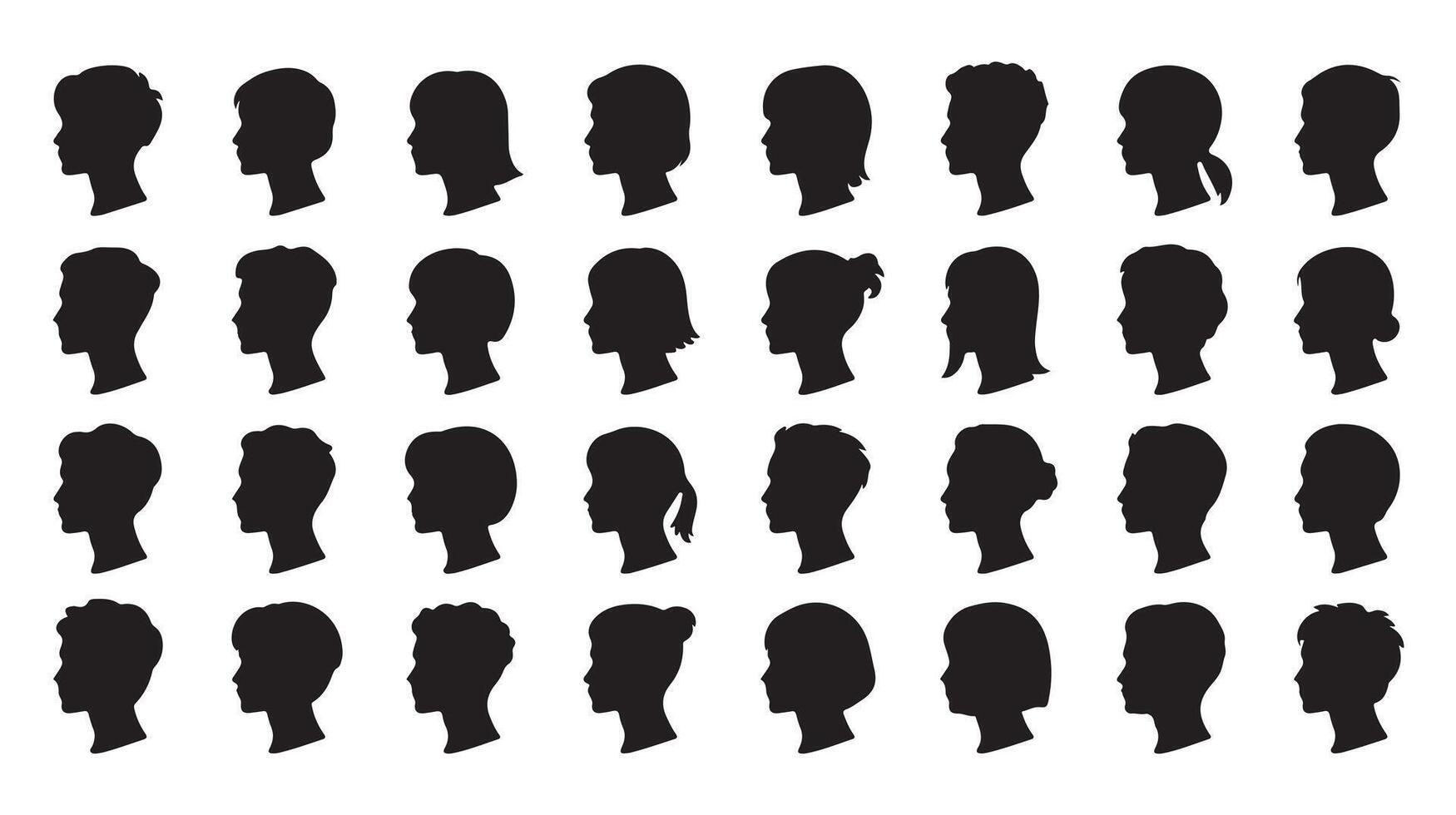 Diverse black silhouette profiles depicting various hairstyles and human head shapes vector