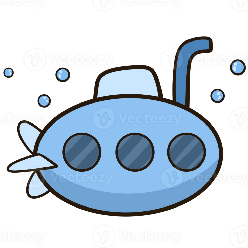 Cartoon clip art of a blue submarine with floating bubbles. png