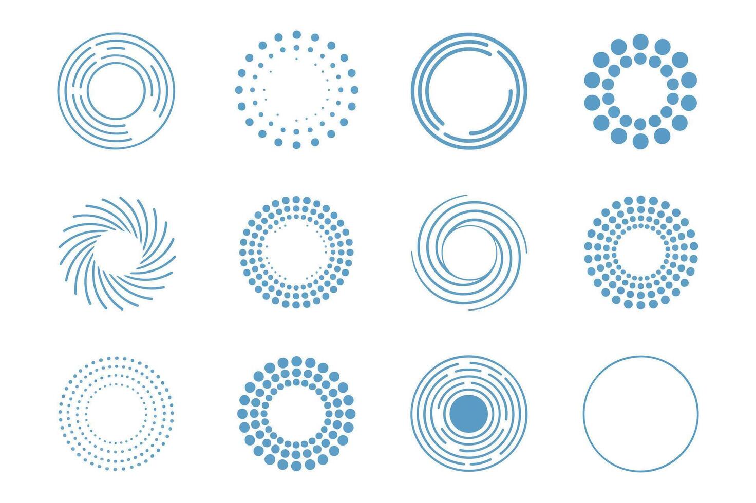 illustration of diverse blue circular design elements on a clean white background. vector
