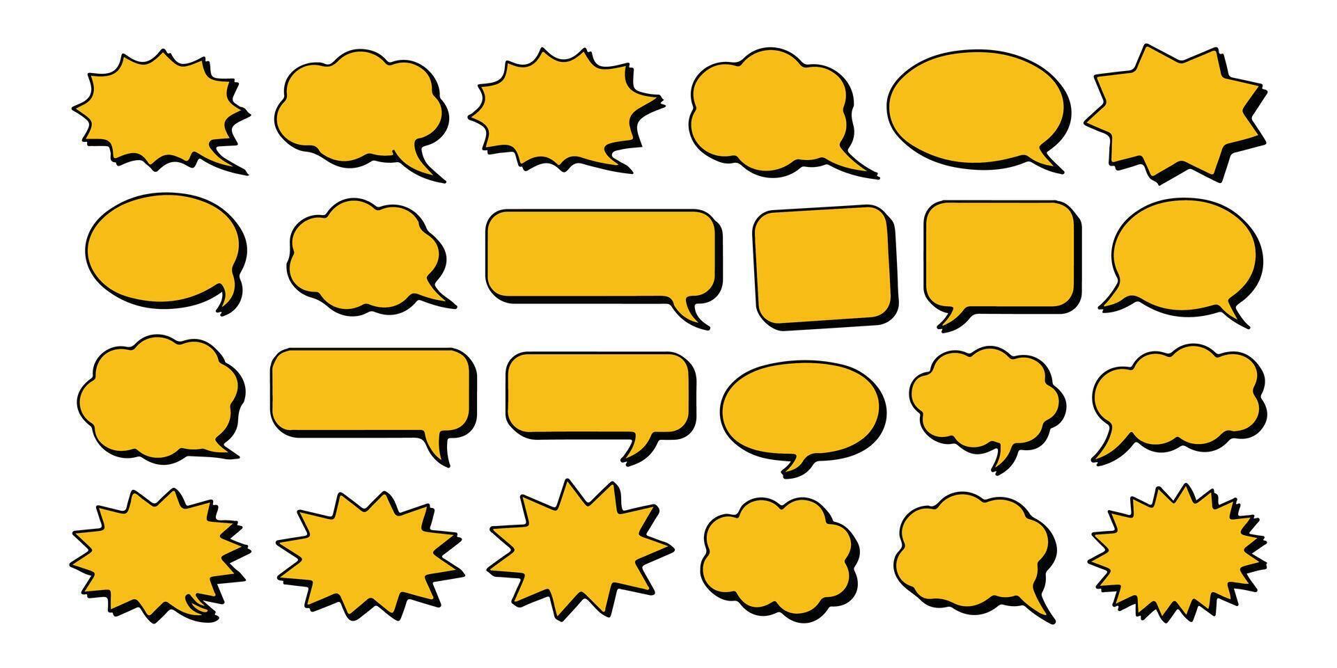 Collection of yellow speech bubbles of various shapes on white background for communication. vector