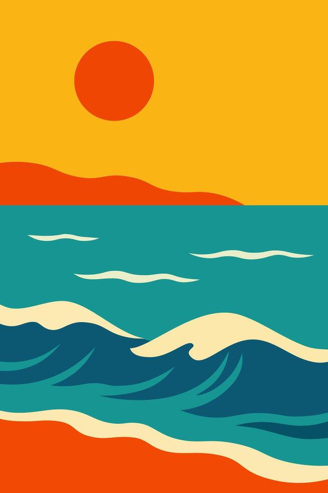 Bold Minimalist Ocean Waves with Retro Sunset vector