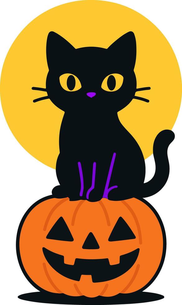 Cute black cat sitting on a glowing Halloween pumpkin under a full moon vector