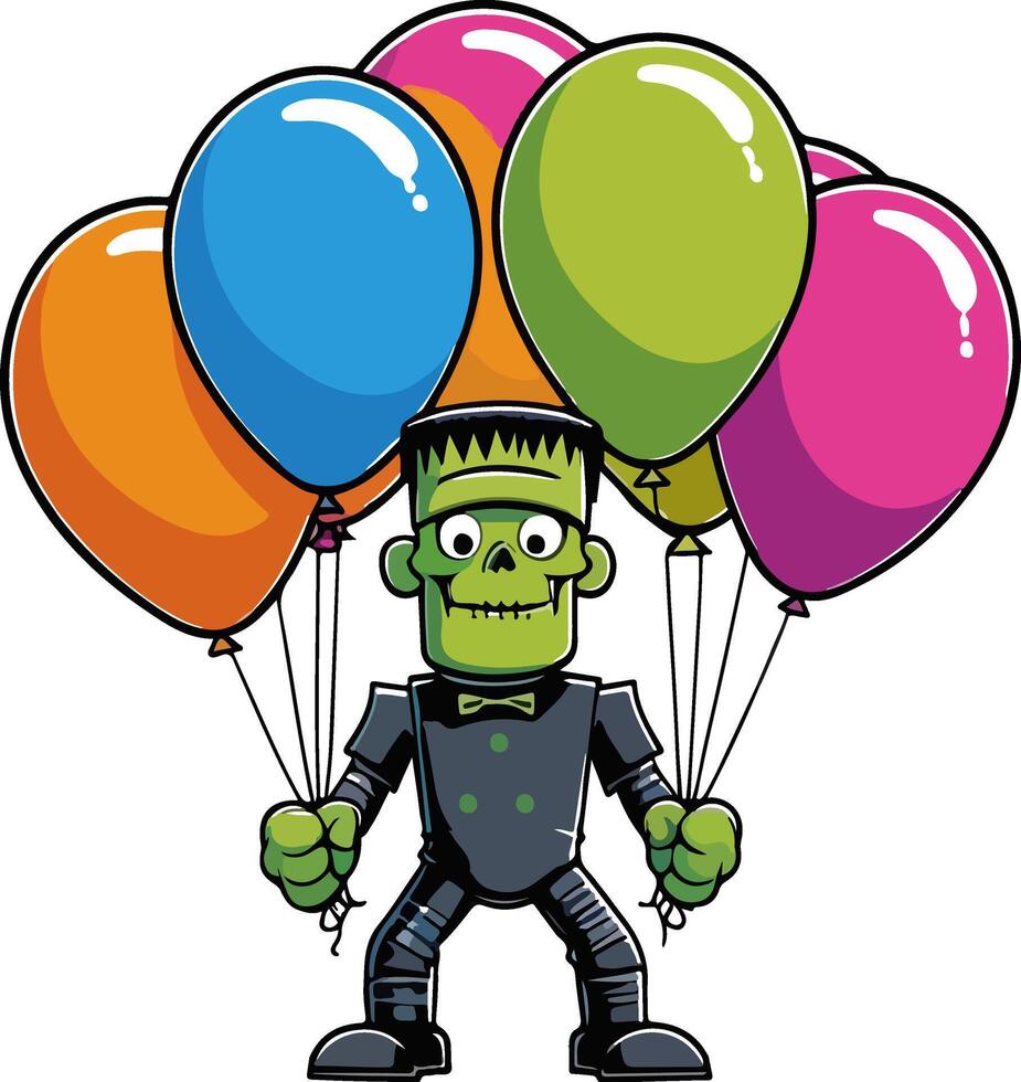 Cute Frankenstein monster holding colorful party balloons vector