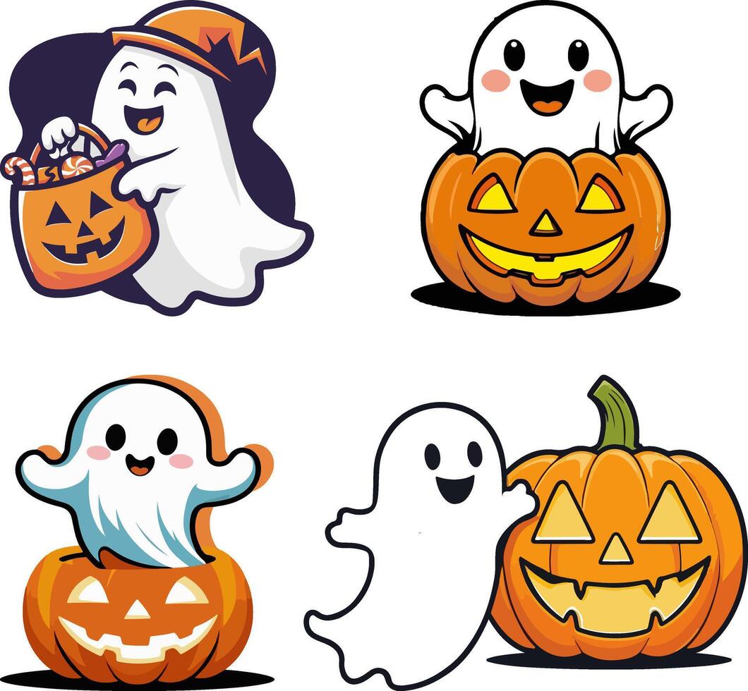 Happy ghost with pumpkin illustration vector