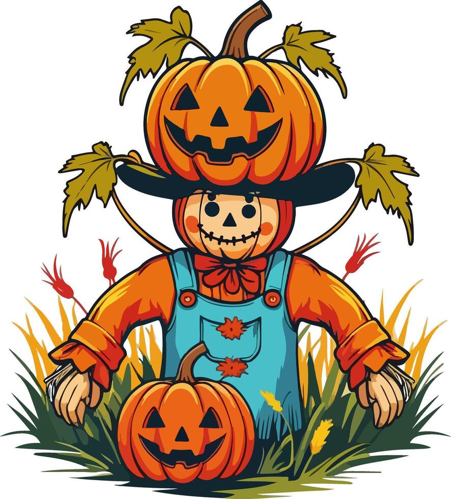 Funny pumpkin-headed scarecrow in a field for Halloween celebration vector