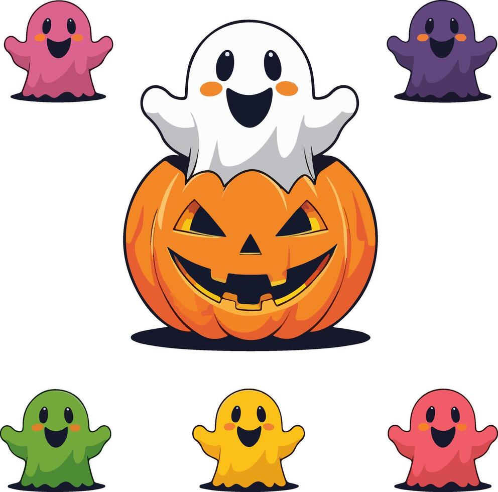 Cute ghost popping out of a jack o lantern with many colorful ghosts vector