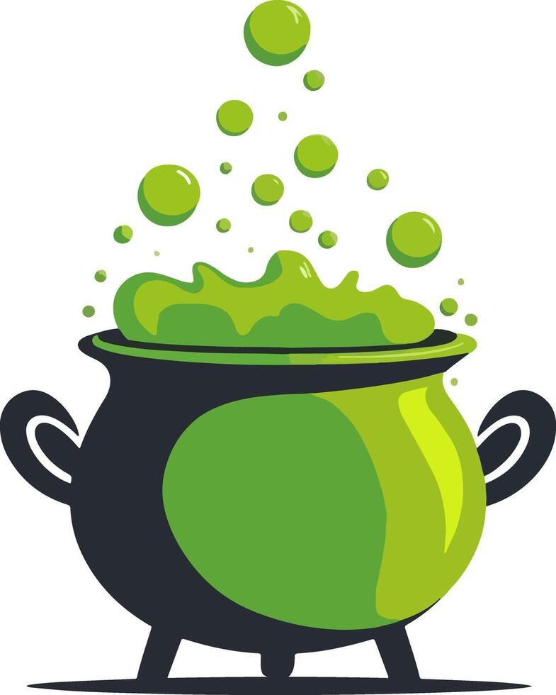Cauldron bubbling with green magical potion and floating bubbles vector
