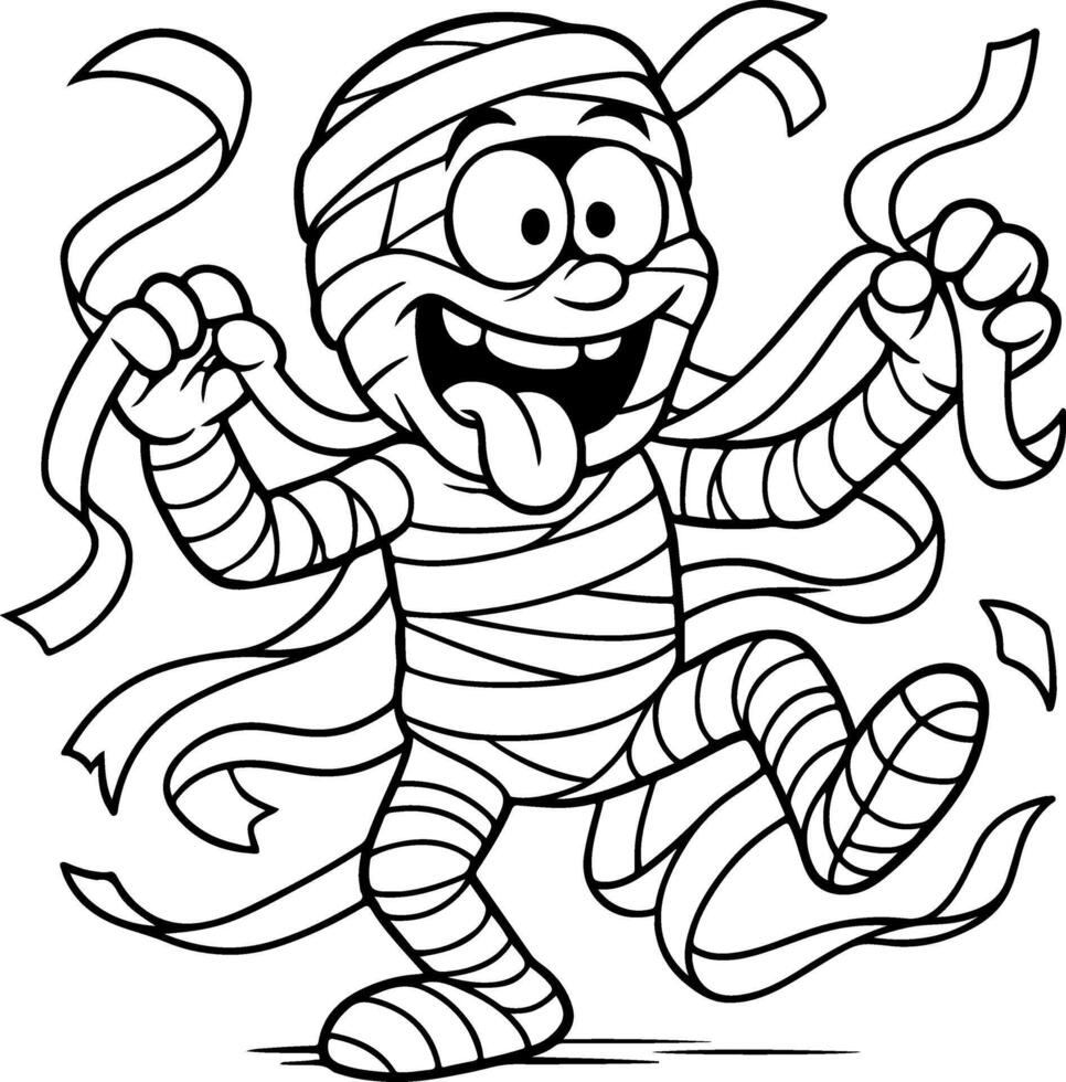 Mummy character with a goofy expression unwrapping itself with loose bandages flying around vector