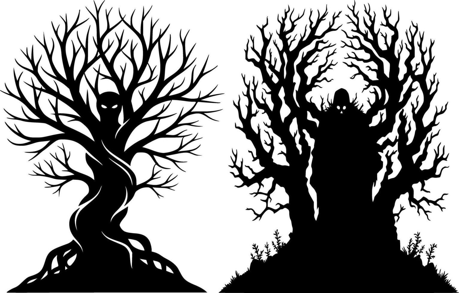 Set of ghost like spooky trees with eerie faces in a fun Halloween cartoon style vector
