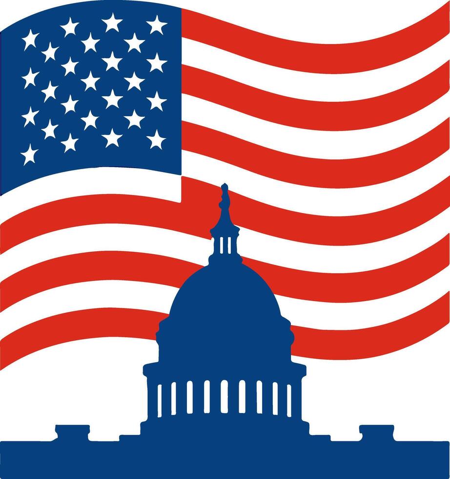 American flag waving above Capitol Building silhouette vector