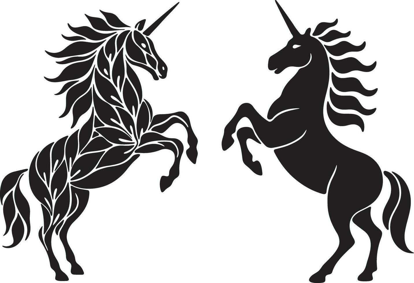 Two majestic unicorn silhouettes in elegant design silhouette vector