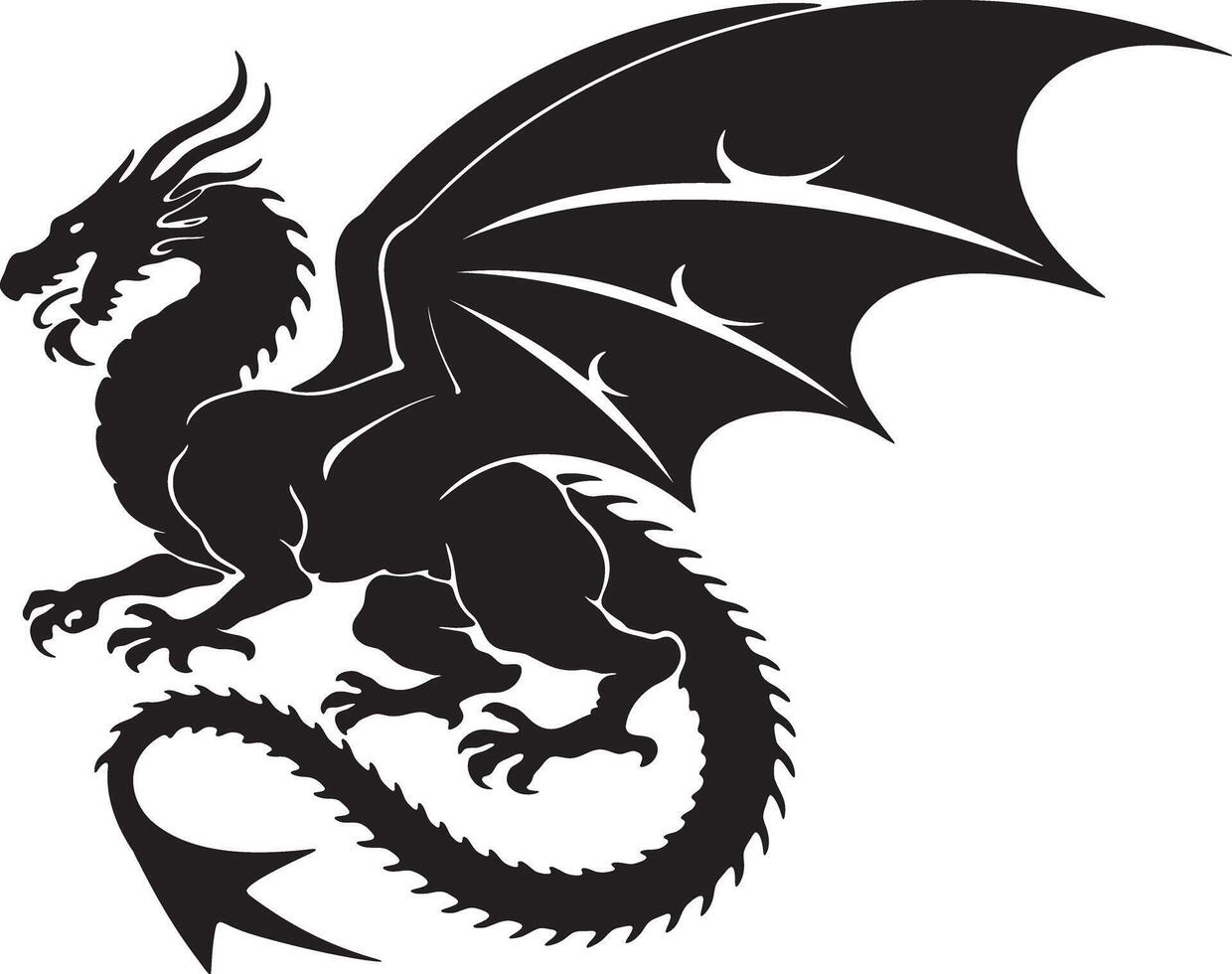 a black dragon with wings spread out on a white background vector