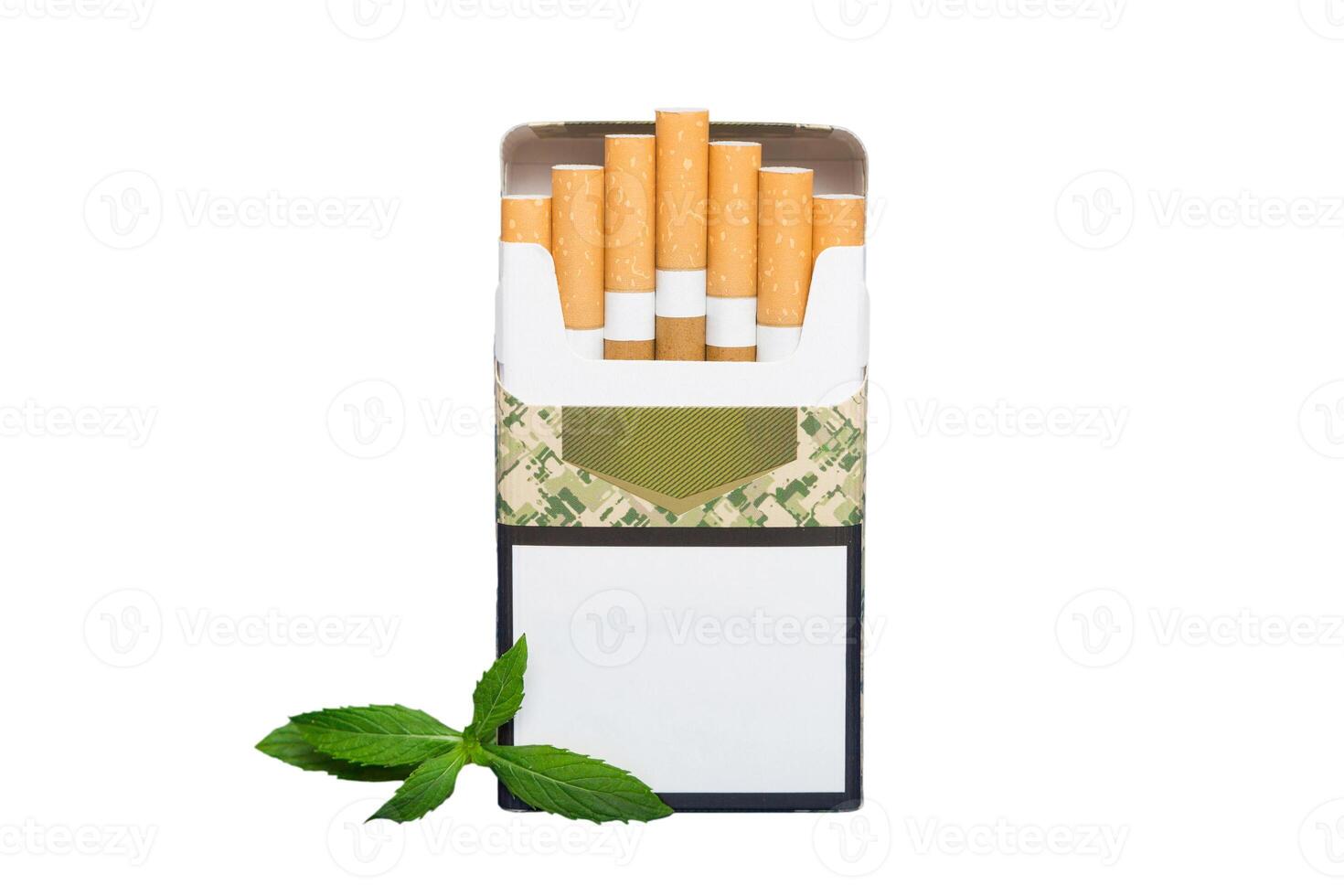 Pack of menthol cigarettes and fresh mint on colored table, Menthol cigarettes top view photo
