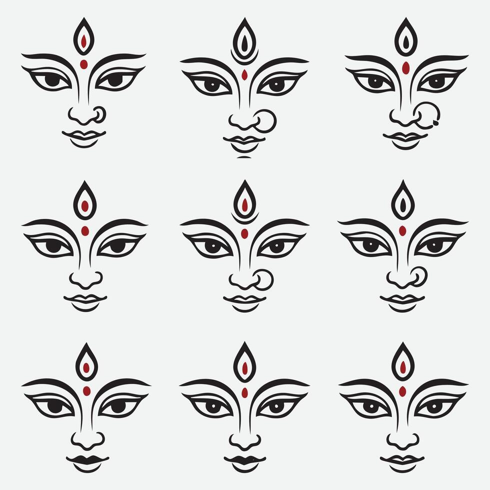 Silhouette Set Illustration of nine faces of goddess durga with simple and minimalistic design vector