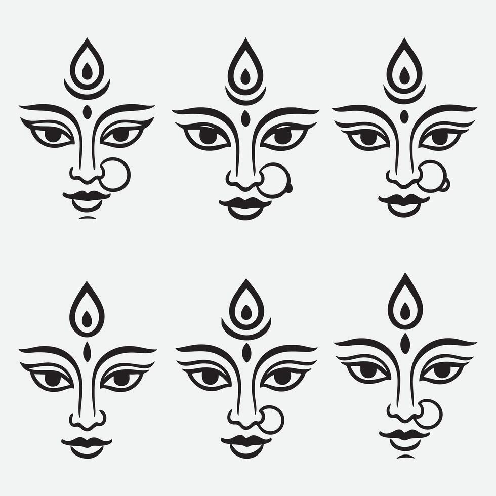 Minimalist illustration of the goddess durga face in a set of six unique designs vector