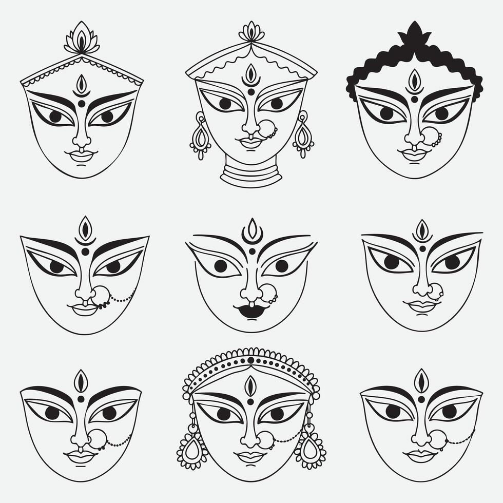 Silhouette illustrations of durga goddess faces in various styles and artistic representations vector