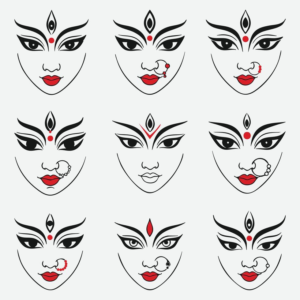 Illustration of hindu goddess durga face designs with minimalist details vector