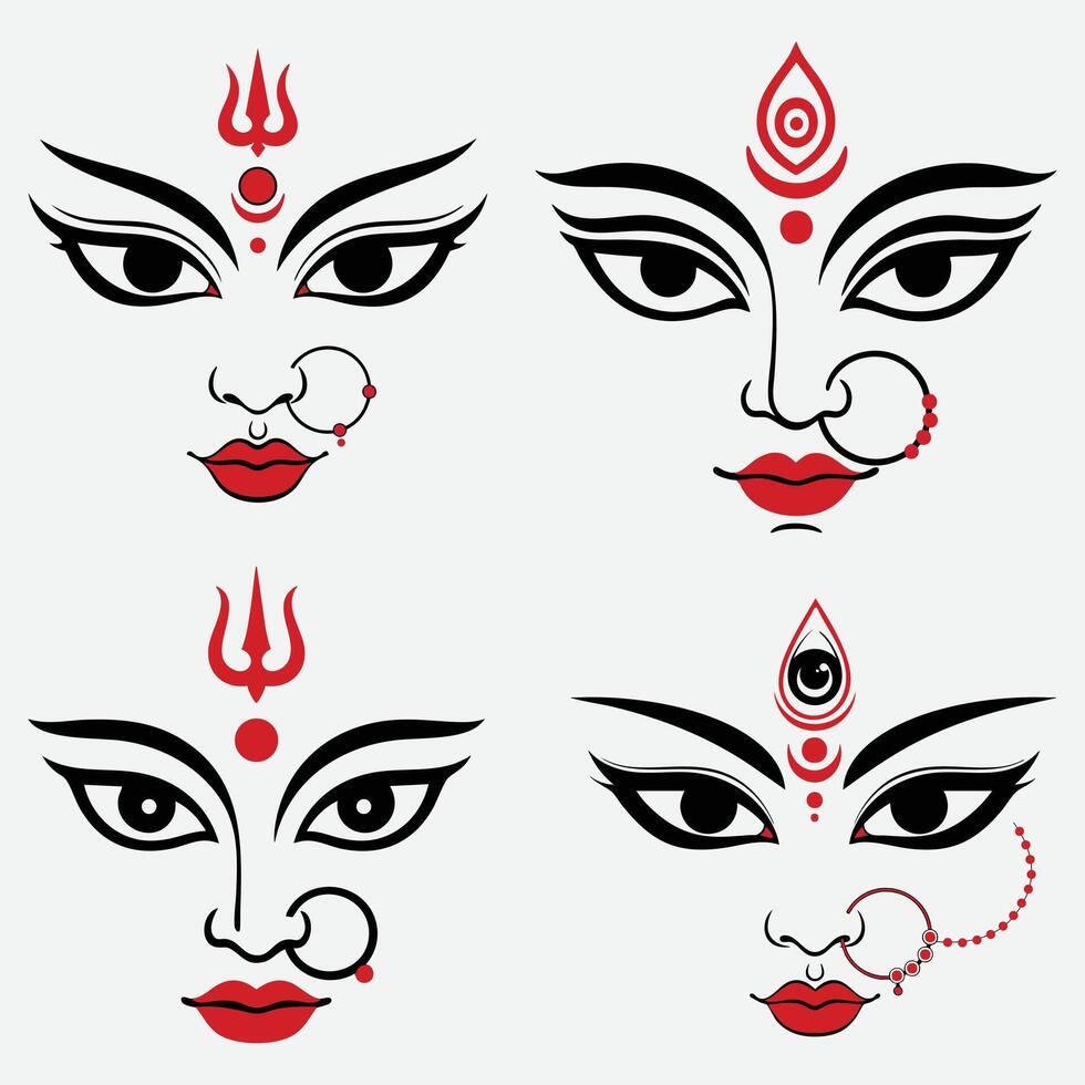 Illustration of goddess durga faces in various stylized and minimalist designs vector
