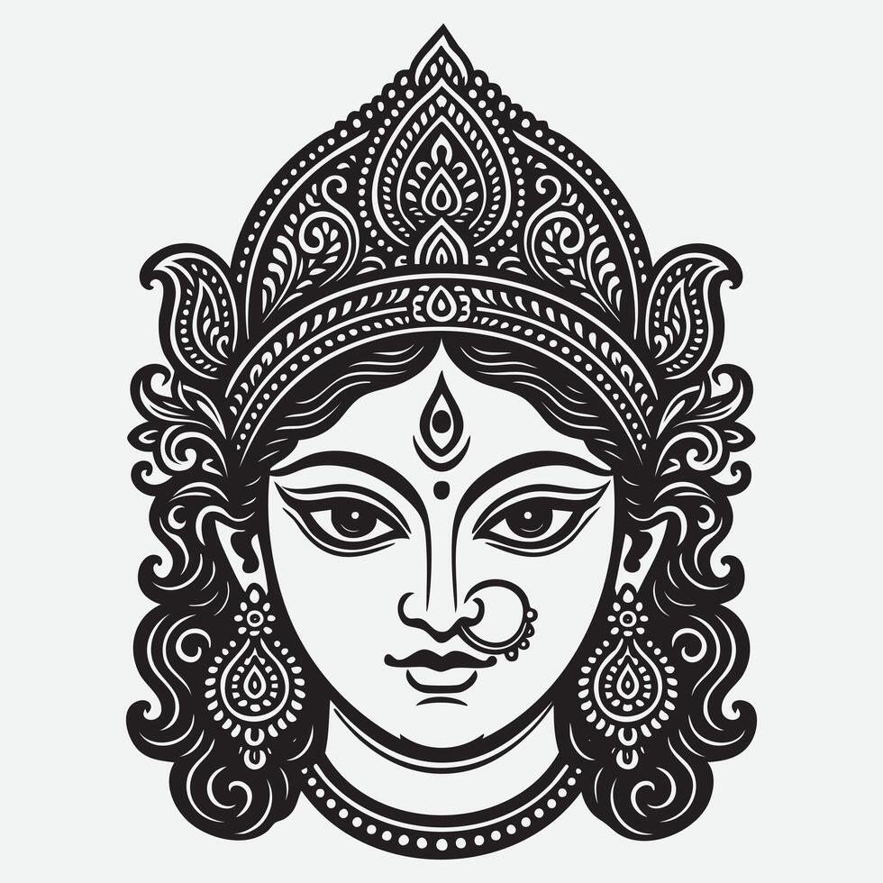 Elegant black and white illustration of the Hindu Goddess Durga face vector