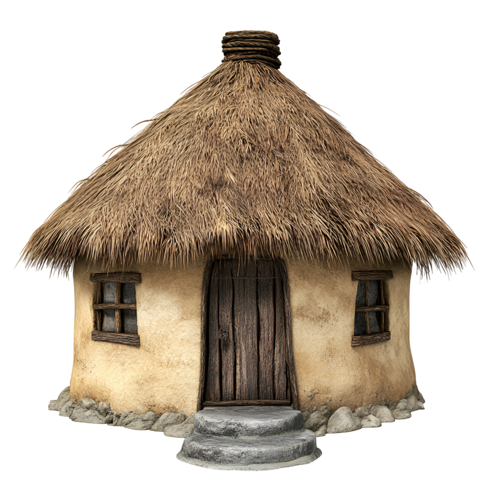Tribal Style Thatched Hut with Front Door on Transparent Background png