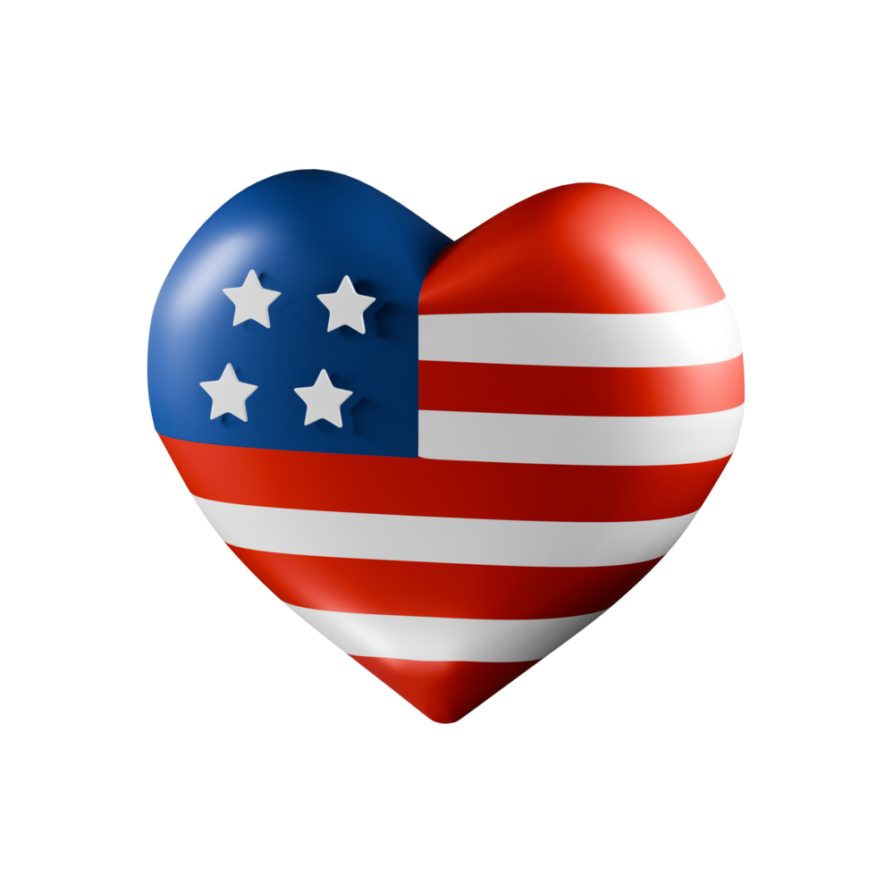 3d American Heart, American Independence Day, USA. Heart with the flag of America. 3d render on isolated background png