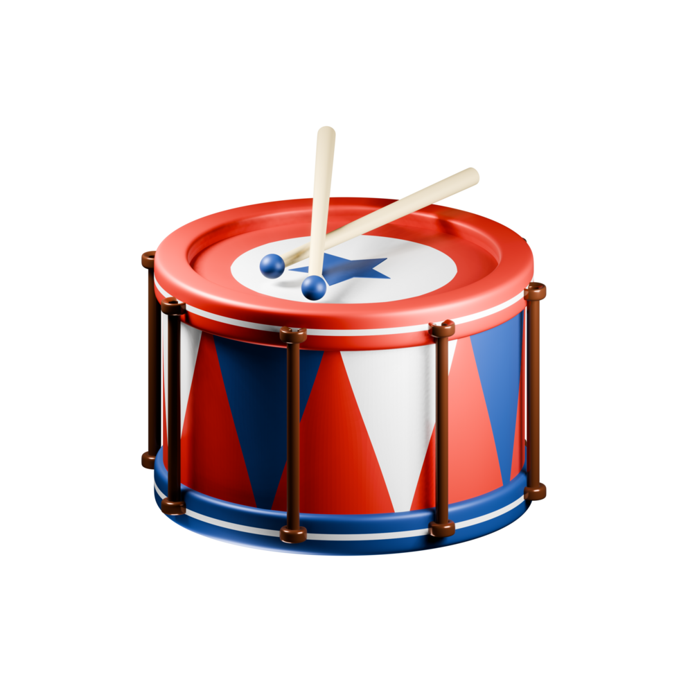 American flag patterned drum 3d rendering. Patriotism, rhythm, independence day celebration. png