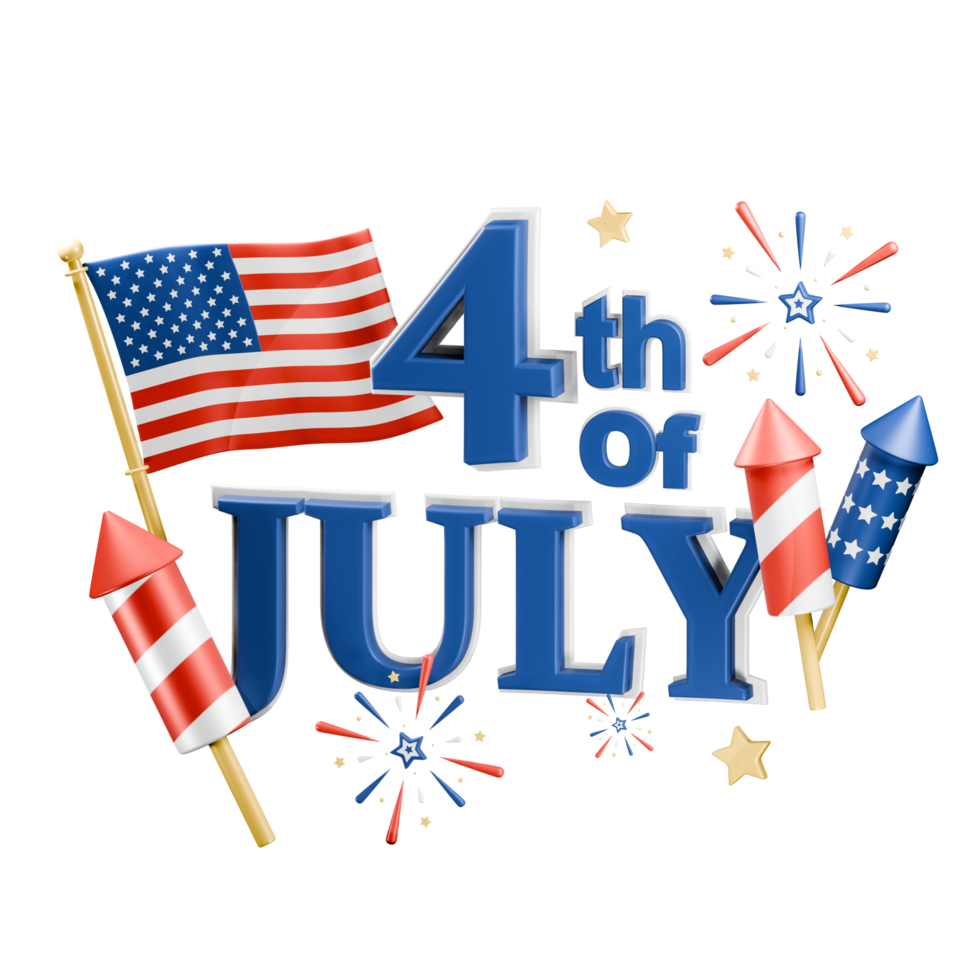 Fourth of July Independence Day Banner. An American holiday on the 4th of July. 3d illustration with flag and fireworks png