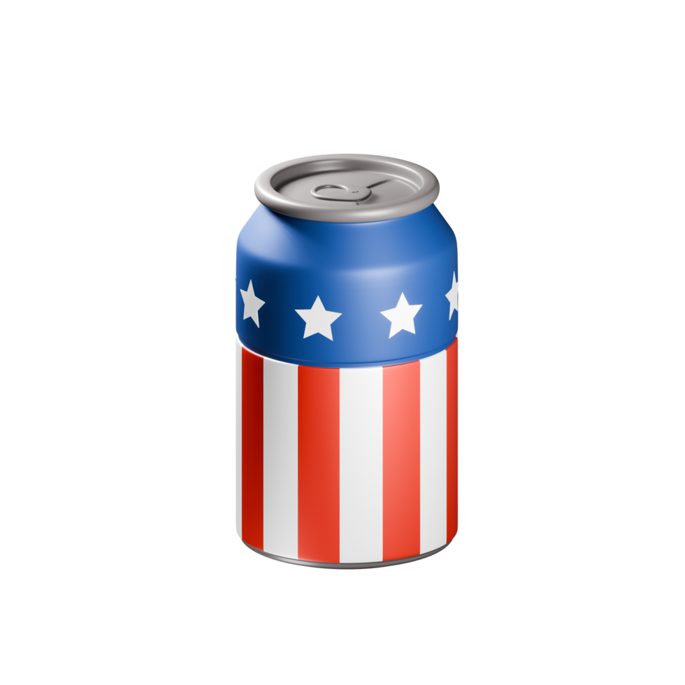 Metal can with drink on independence day 3d illustration. Beverage with US flag design. 3D render png