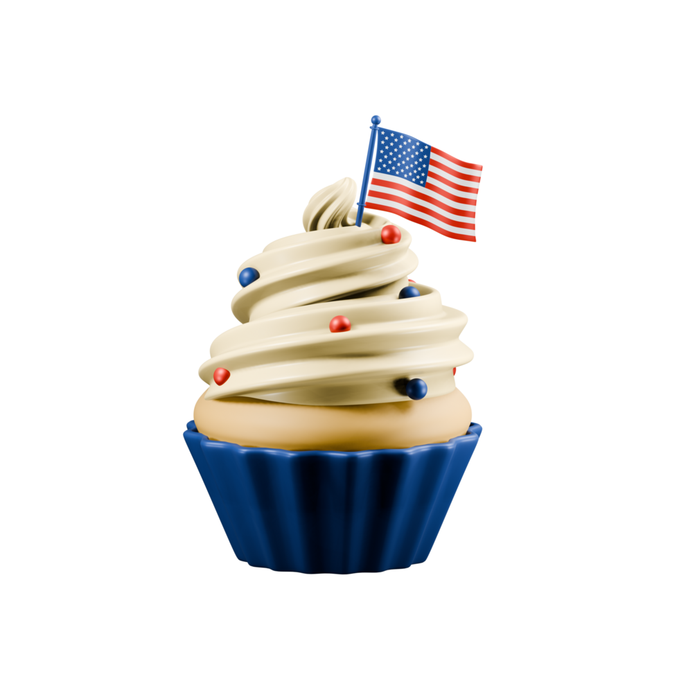 Cupcake with US design. 3d rendering. Muffin with cream and flag of America. Concept of celebration of America's Independence Day. png