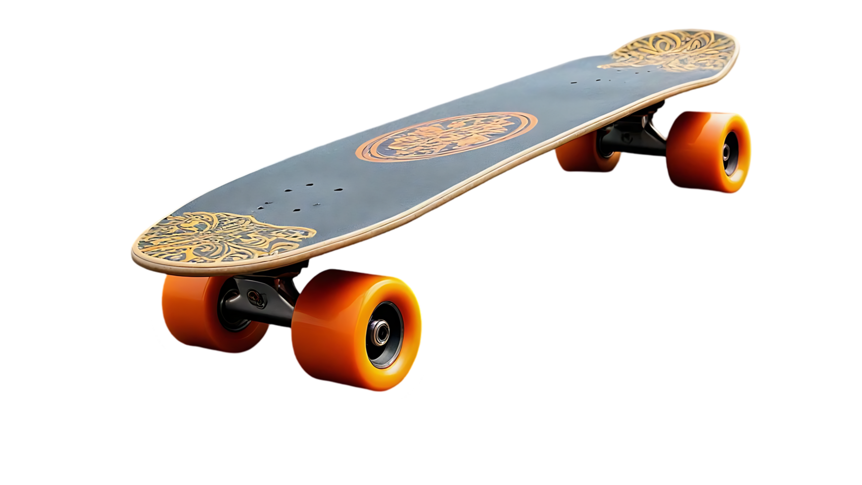 Ornate Cruiser Skateboard with Orange Wheels png