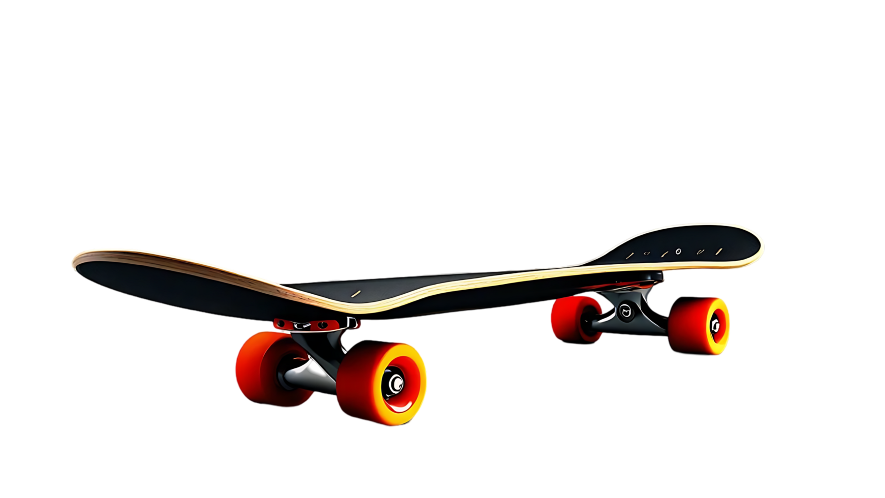 Sleek Black Skateboard with Orange Wheels png