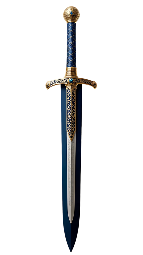 Ornate Medieval Fantasy Sword with Blue and Gold Accents png