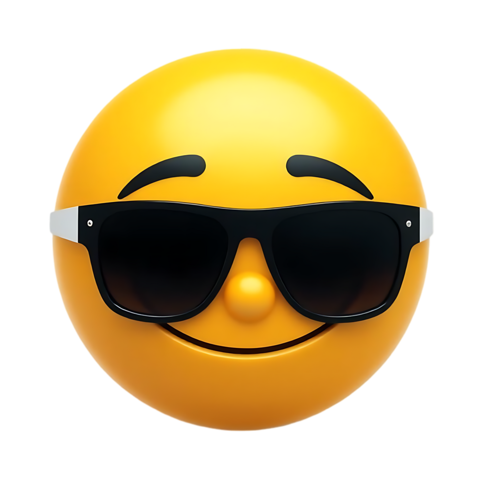 A cheerful yellow emoji wears dark sunglasses with a subtle smile on transparent background png