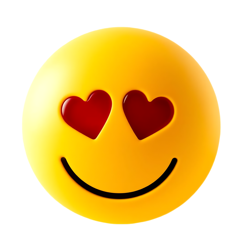 A vibrant yellow emoji with heart-shaped eyes conveys love and joy on transparent background. png