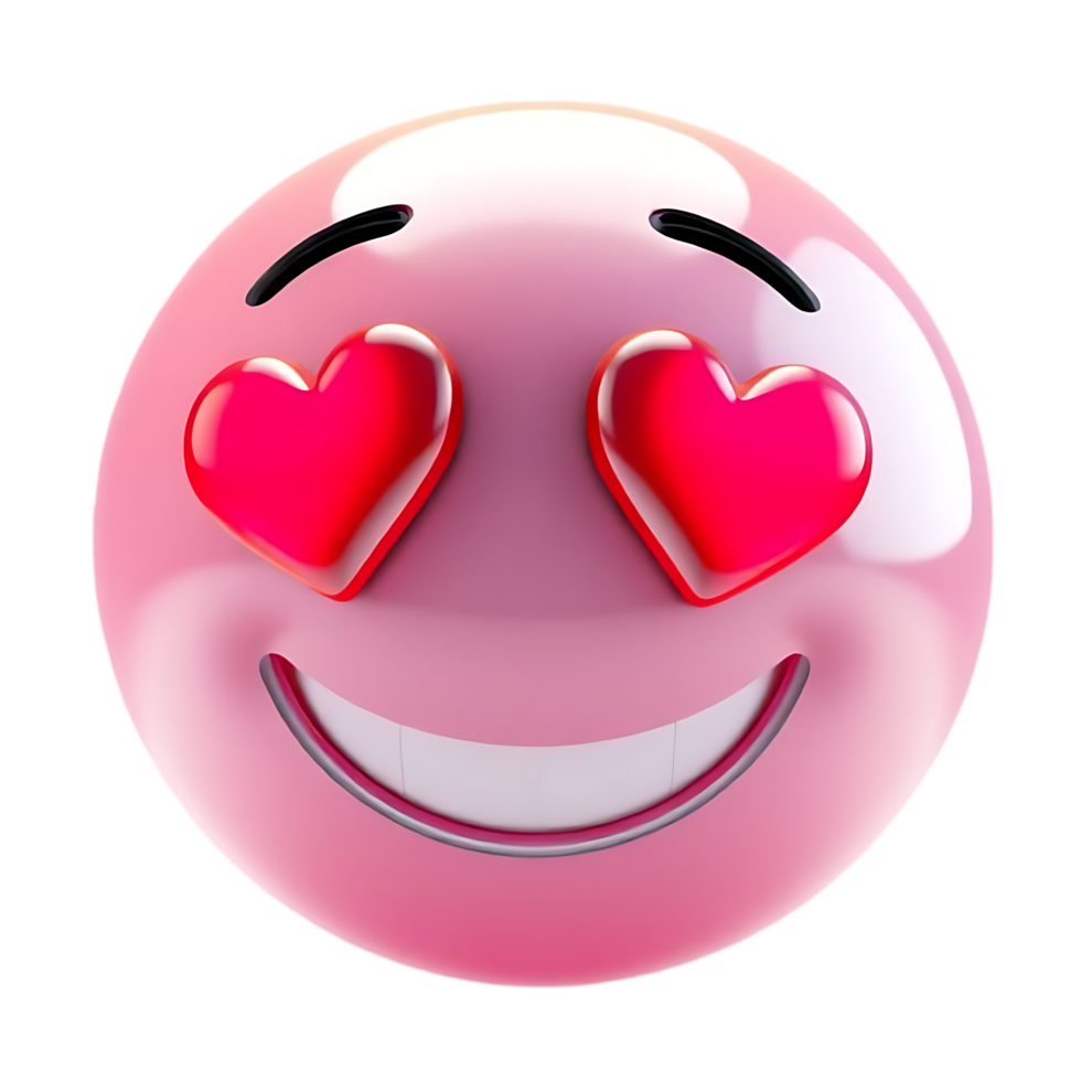 A pink, 3D emoji with red hearts for eyes and a transparent background conveys love and happiness. png