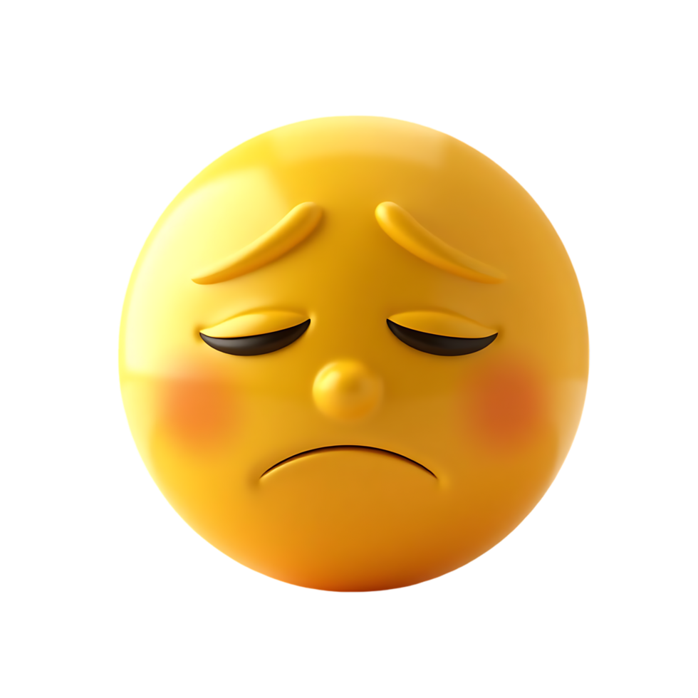A sad yellow emoji face with furrowed brows and downcast eyes conveys profound melancholy feeling. png